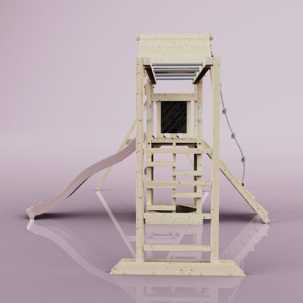 Spielturm aus Holz mit Rutsche, Leiter, Kletterwand und Reckstange