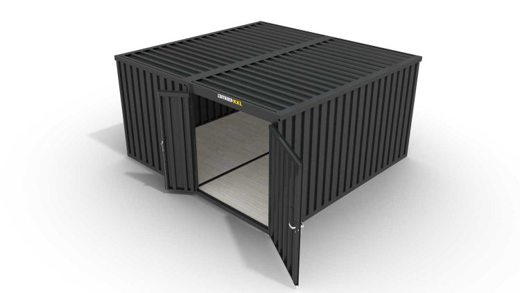 Lagercontainer Gerätehaus M2  – 12 qm, H2150 x B3050 x T4340 mm, Außenwandlackierung anthrazit, Dach außen verzinkt, mit Holzfußboden, 1830 mm Doppelflügeltür mittig in Modul D, montiert