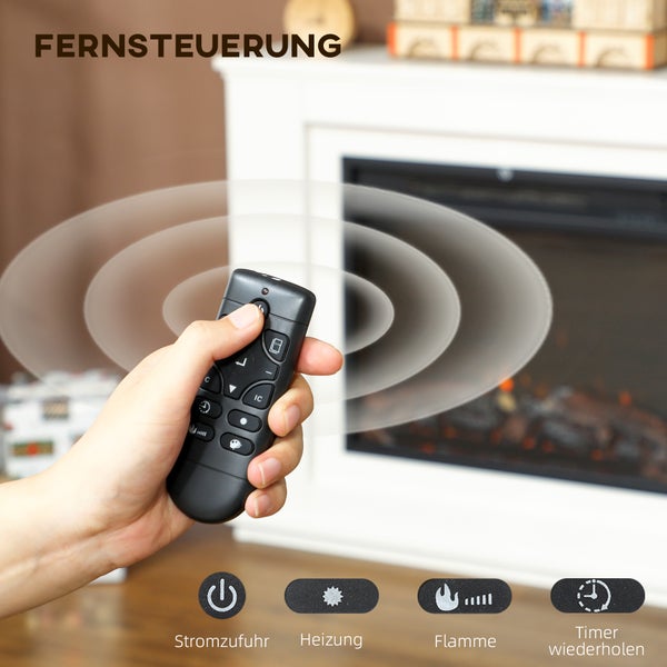 Hand hält eine Fernbedienung für einen elektrischen Kamin mit Funktionen für Stromzufuhr, Heizung, Flamme und Timer.
