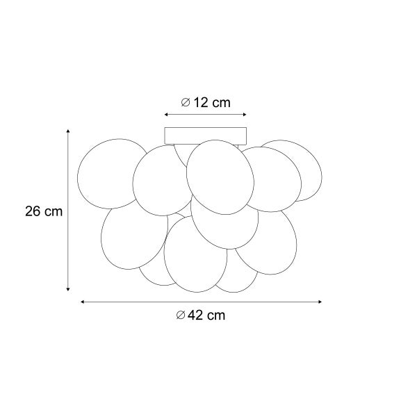 Technische Zeichnung einer Deckenleuchte mit den Maßen 12 cm Durchmesser für die Deckenbefestigung, 26 cm Höhe und 42 cm Durchmesser der gesamten Lampe