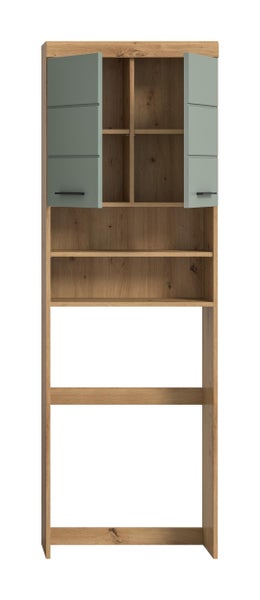 Badezimmer Hochschrank mit offenen Ablagefächern und zwei Schranktüren im Holzoptik Design