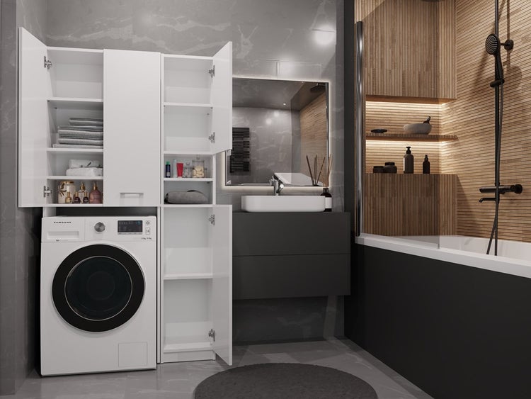 Modernes Badezimmer mit Waschmaschine, Waschbeckenunterschrank und offenen Hängeschränken
