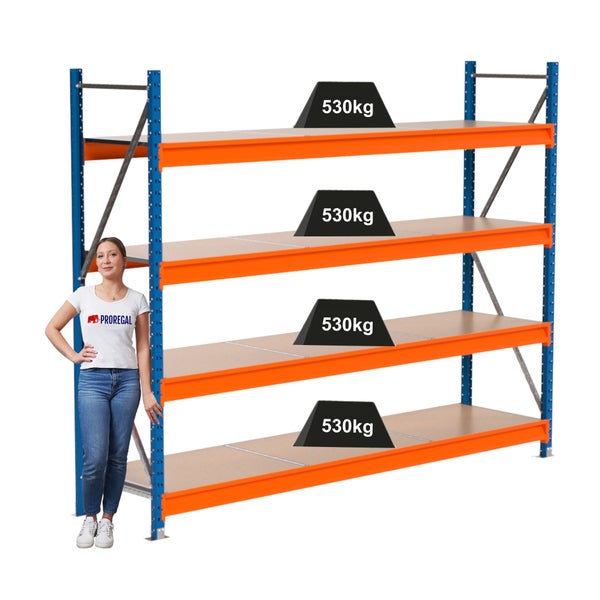 Lagerregal mit vier Ebenen und einer Traglast von 530 Kilogramm pro Ebene