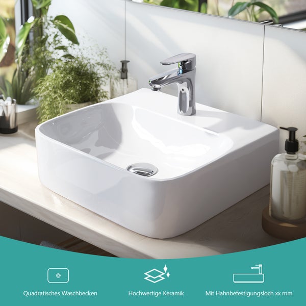 EMKE Aufsatzwaschbecken 435 x 395 x 130 mm, Kleines Waschbecken Handwaschbecken für Badezimmer mit Hahnloch, Weiß
