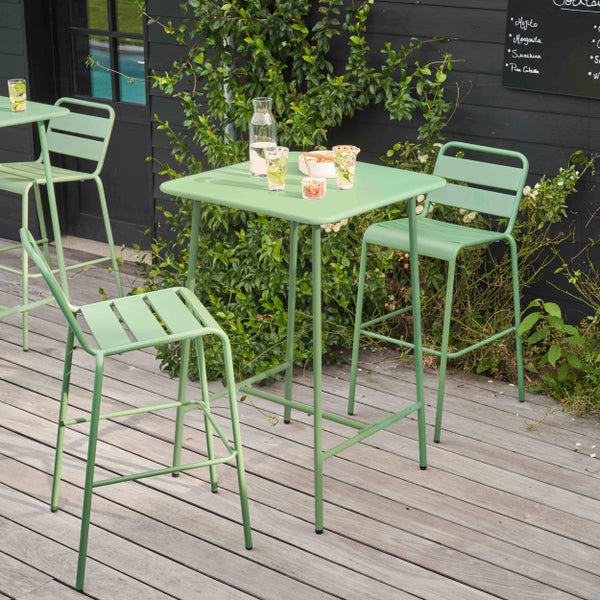 Quadratischer mintgrüner Stehtisch aus Metall mit Barhockern auf einer Holzterrasse vor einer dunklen Wand mit Pflanzen.