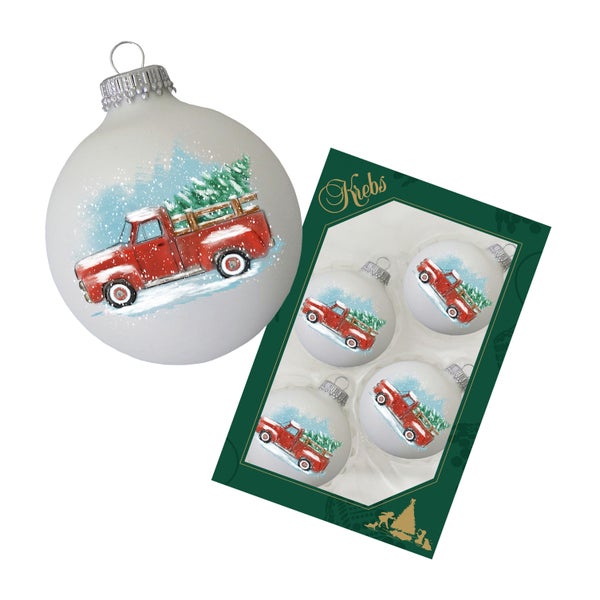 Weiß matt 7cm Glaskugel mit nostalgischem Auto bedruckt, 4 Stck., Weihnachtsbaumkugeln, Christbaumschmuck, Weihnachtsbaumanhänger
