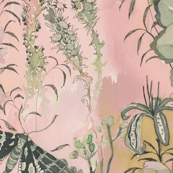 Illustration eines Schmetterlings und verschiedener Pflanzen auf rosafarbenem Hintergrund