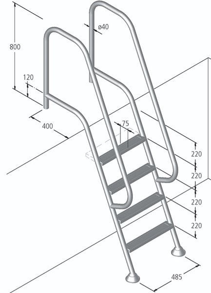 Edelstahltreppe mit vier Stufen und Maßangaben