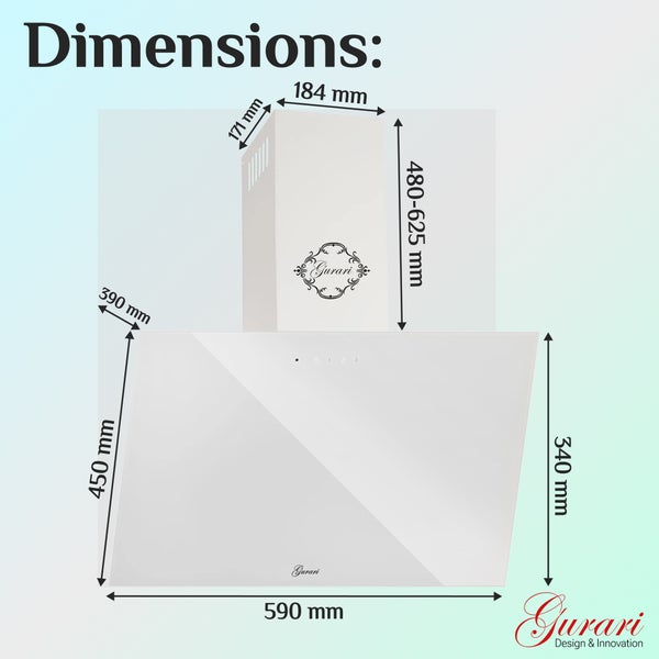 Maßzeichnung einer Dunstabzugshaube mit Angabe der Breite, Höhe und Tiefe in Millimeter und Gurari Logo.