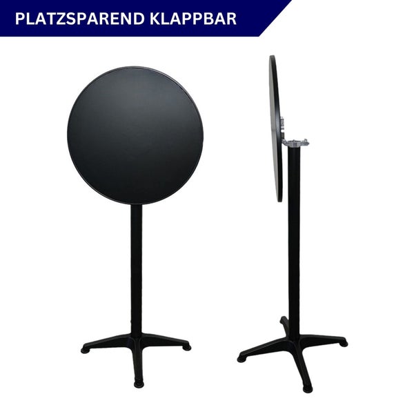 Zwei Ansichten eines runden, platzsparenden Klapptisches.