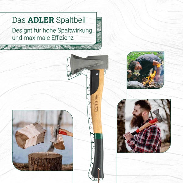 ADLER Spaltbeil mit Holzstiel, geeignet für effizientes Holzspalten. Enthält Bilder der Anwendung beim Feuer machen und beim Spalten von Baumstämmen.
