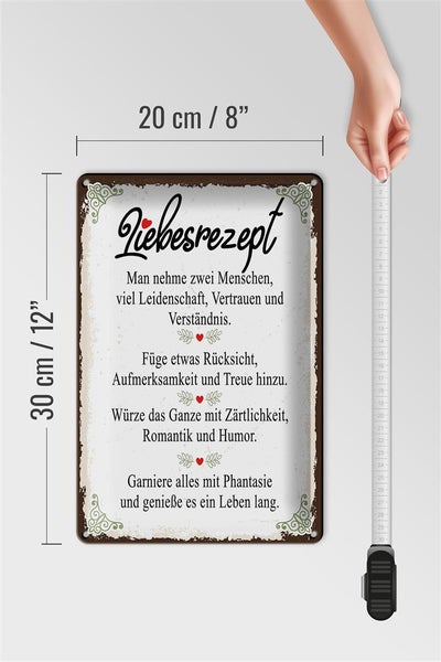 Blechschild Spruch Liebesrezept man nehme 2 Menschen 20x30cm
