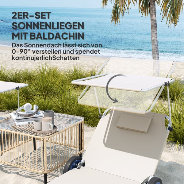 Outsunny 2er Set Sonnenliege klappbar Gartenliege mit Kopfkissen Dach, Rolle Liegestuhl mit verstellbare Rückenlehne, wetterfeste Campingliege, Gartenstuhl bis 120 kg belastbar, für Garten Pool, Beige