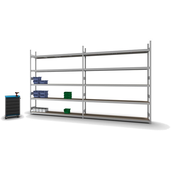 PROREGAL Weitspannregal Stecksystem T-Profil Grundregal HxBxT 300x250x40 cm 5 Ebenen Spanplatten Fachboden Fachlast 350 kg Verzinkt