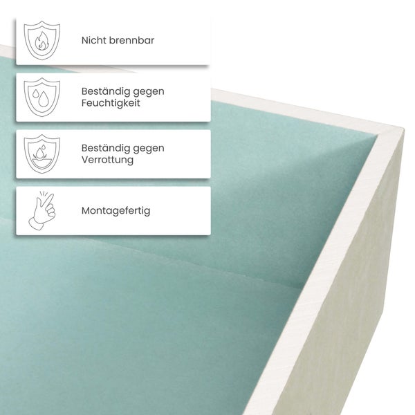 Produktmerkmale: Nicht brennbar, beständig gegen Feuchtigkeit, beständig gegen Verrottung und montagefertig.