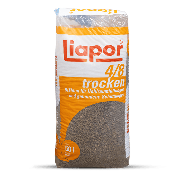 Liapor Blähton 4/8 trocken für Hohlraumfüllungen und gebundene Schüttungen, 50 Liter Sack, Körnung 4 bis 8 Millimeter.