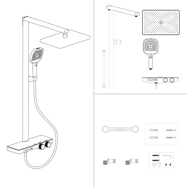 Duschsystem mit Regendusche, Handbrause, Thermostat-Armatur und Montagematerial.