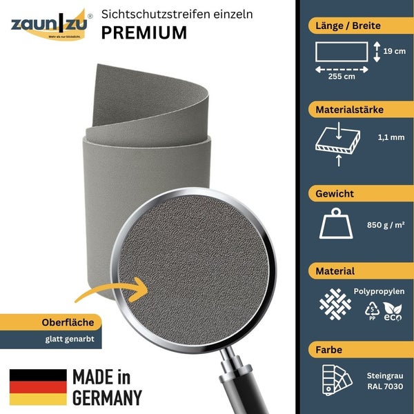 Premium Sichtschutzstreifen aus Polypropylen, Steingrau, Maße 255 cm x 19 cm