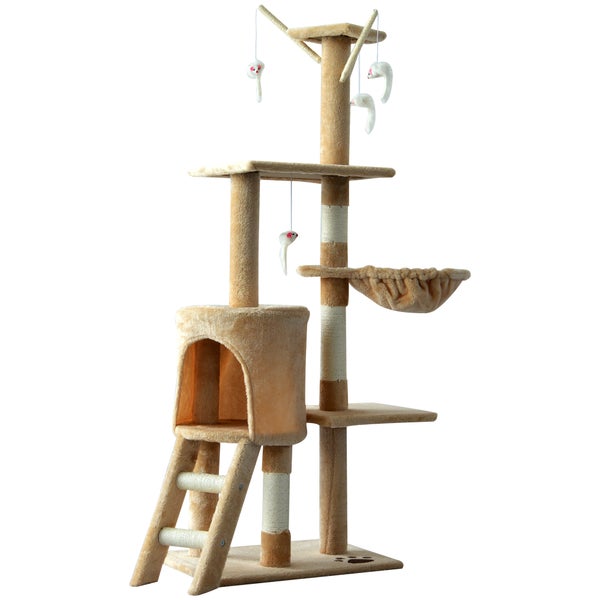 PawHut Katzenbaum 134,2 cm Hoch Kratzbaum Katzenkratzbaum Kletterbaum Katze Treppe 4 Spielzeug Beige+Weiß