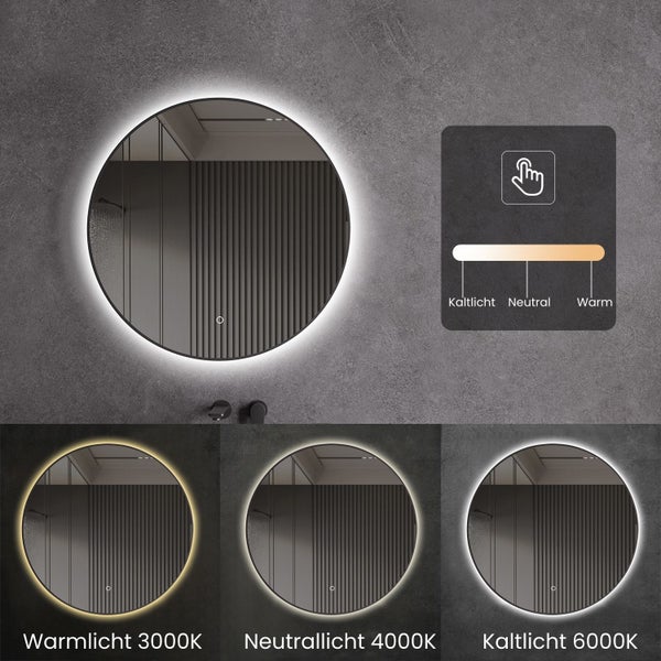 LED Spiegel mit Spiegelheizung Ø 60, 80, 100 cm Schwarz Matt Warm-/Kaltlichteinstellung Badspiegel