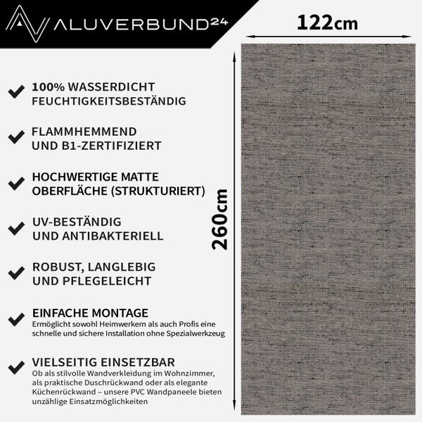 PVC Wandpaneel 122 mal 260 Zentimeter mit strukturierter Oberfläche, wasserdicht, feuchtigkeitsbeständig und schwer entflammbar mit B1 Zertifizierung.
