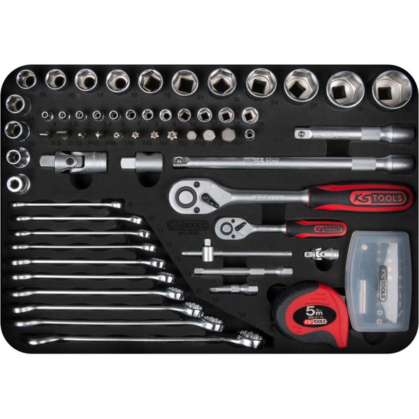 Werkzeugkoffer mit verschiedenen Schraubenschlüsseln, Steckschlüsseln und Bits von KS Tools