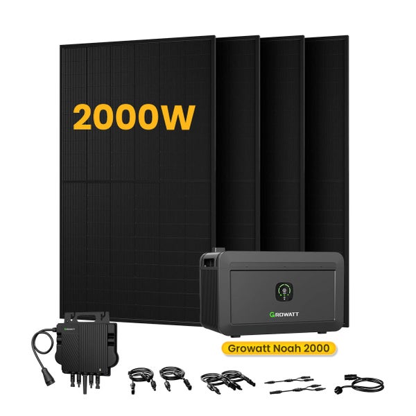 Growatt Balkonkraftwerk 2000 Watt Komplettset bestehend aus vier Solarmodulen, Noah 2000 Speicher, Mikrowechselrichter und Anschlusskabeln.