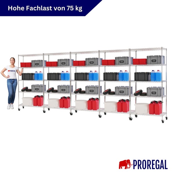 Drahtregal auf Rollen mit einer Traglast von 75 Kilogramm pro Boden, befüllt mit Lagerboxen und Behältern, Proregal Logo.