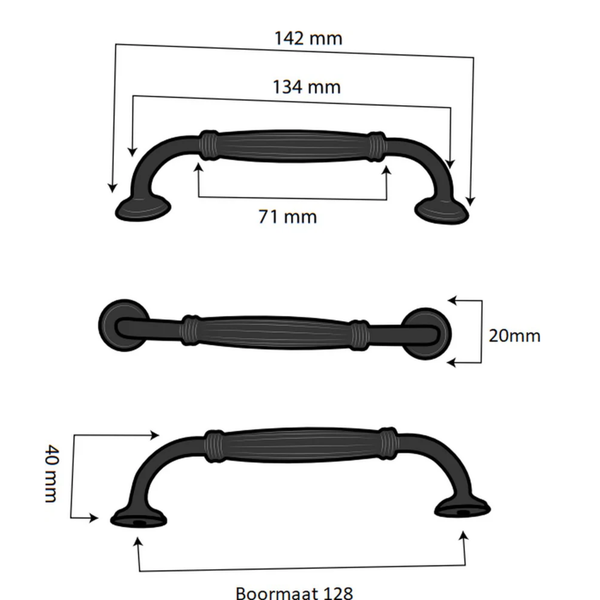 Technische Zeichnung eines Möbelgriffs mit Maßangaben