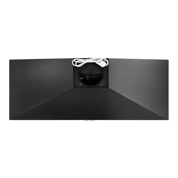 Dunstabzugshaube in Schwarz, Draufsicht mit Abluftöffnung und Netzkabel.