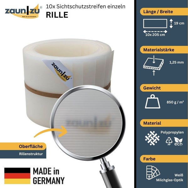 Zehn Sichtschutzstreifen aus Polypropylen mit Rillenstruktur, 19 cm breit und 205 cm lang