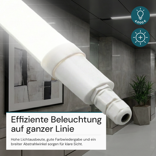 Weiße LED-Feuchtraumleuchte mit 4000 Kelvin neutralweißem Licht in einem modernen Flur.
