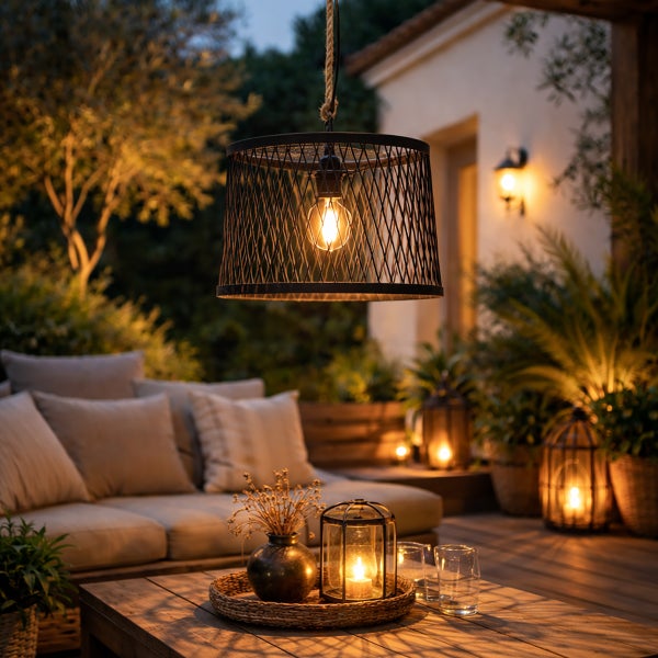 Warm beleuchtete Außenterrasse mit einer schwarzen Pendelleuchte aus Metalldraht über einem Couchtisch aus Holz. Loungesofa mit Kissen und Laternen.