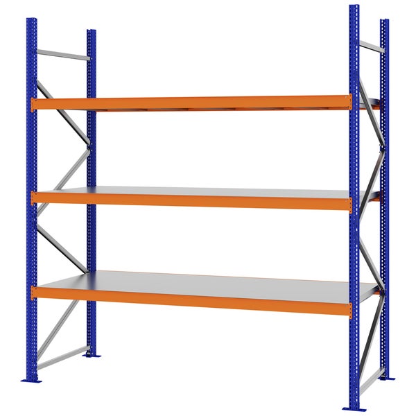 Schwerlastregal aus Metall mit drei Ebenen, blauen Pfosten und orangefarbenen Traversen.