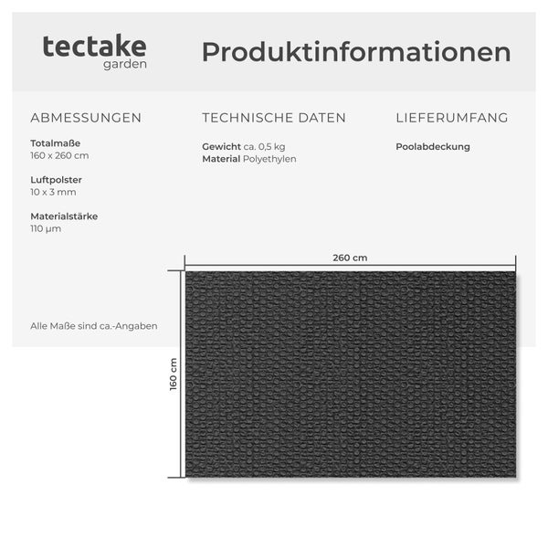 tectake Logo und technische Spezifikationen einer rechteckigen Poolabdeckung aus Polyethylen mit den Maßen 160 mal 260 Zentimeter.