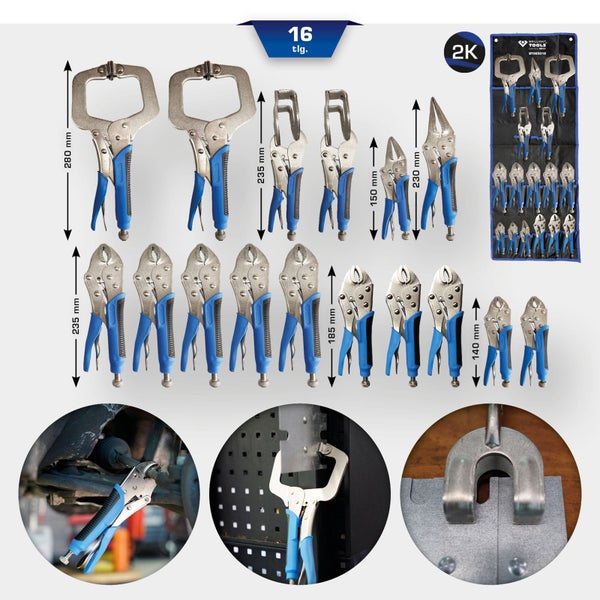 Brilliant Tools Gripzangen Set 16-teilig mit verschiedenen Größen und Anwendungen.