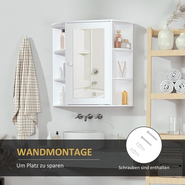 HOMCOM Spiegelschrank Bad, Badezimmerschrank mit Spiegeltür, Badschrank mit offenen Regalböden, Hängeschrank Wandschrank, Weiß, 66 x 17 x 63 cm