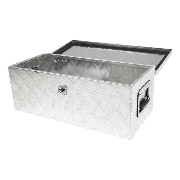 Geöffnete Transportbox aus Aluminium-Riffelblech mit seitlichen Griffen und Schloss.