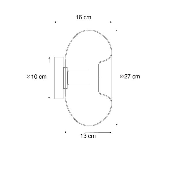 Technische Zeichnung einer Wandleuchte mit den Maßen 16 cm Breite, 27 cm Höhe, 13 cm Tiefe und einer Rosette mit 10 cm Durchmesser.