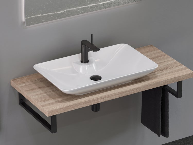Waschtisch mit Aufsatzwaschbecken, Armatur und Handtuchhalter