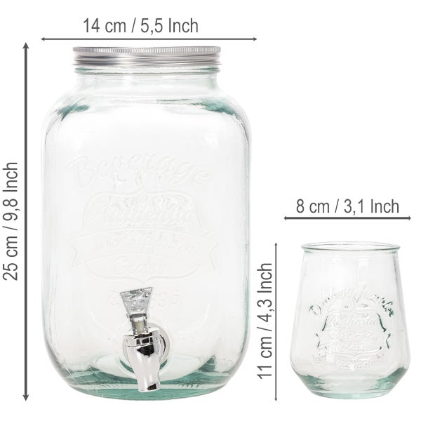 Getränkespender aus Glas mit Zapfhahn und Deckel, 25 mal 14 Zentimeter. Passendes Glas, 11 mal 8 Zentimeter.