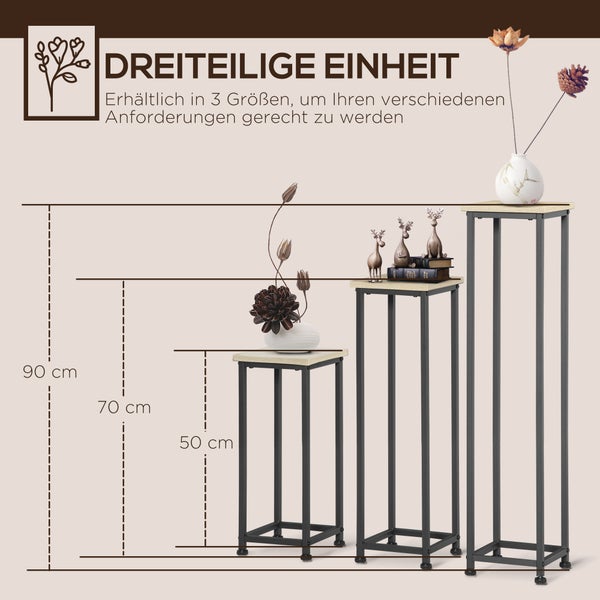 Outsunny 3-teiliges Set Pflanzenständer Stapelbarer Blumenhocker Blumentopfhalter Platzsparender Pflanzenhocker im Industriedesign für Garten Balkon Schwarz+Natur