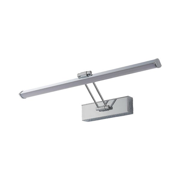 LED-Bilderleuchte aus verchromtem Metall mit schmalem Leuchtkopf und rechteckiger Wandhalterung.