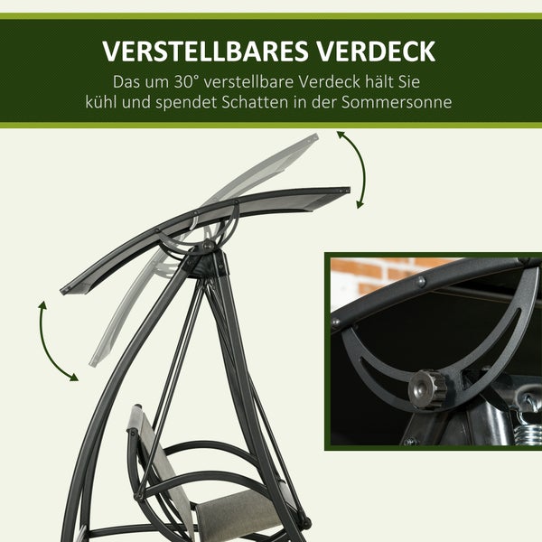 Outsunny Hollywoodschaukel, 3-Sitzer Gartenschaukel mit Verstellbarem Sonnendach, UV-Schutz, bis 330 kg Belastbar, Terrasse, Texteline, Schwarz