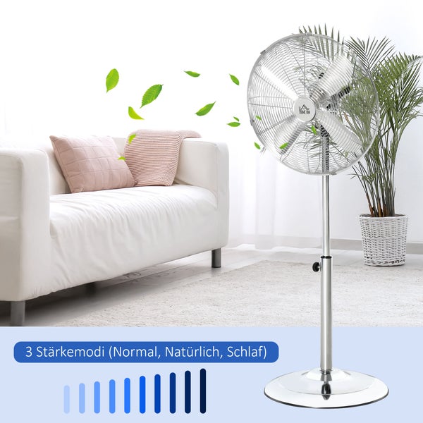 HOMCOM Standventilator, höhenverstellbar, 3 Geschwindigkeitsstufen, Verstellbarer Neigungswinkel, 44.5cm x 44.5cm x 87-120cm, Stahl, Silber