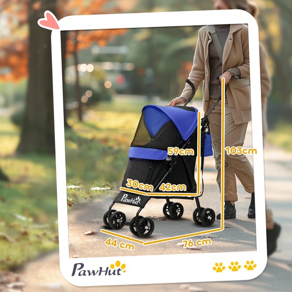 PawHut Hundewagen Hundebuggy klappbar für Hunde & Katzen bis 4 kg Katzenbuggy mit Netzfenstern, Schultergurt, Aufbewahrungstasche, Becherhalter Regenschirm Katzenwagen Dunkelblau