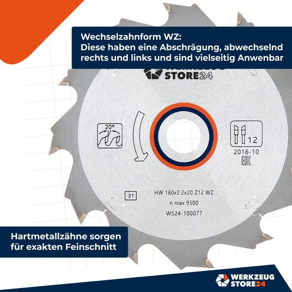WS24 HM Kreissägeblatt Holz 160 x 2,2 x 20  WZ 12 - WS24-100077