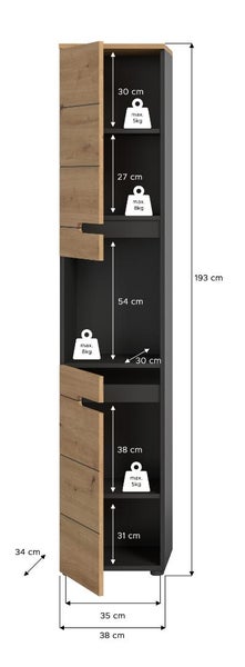 Hochschrank für das Bad mit Türen in Holzoptik, dunkler Korpus, Maße 193 Zentimeter hoch, 38 Zentimeter breit, 34 Zentimeter tief.