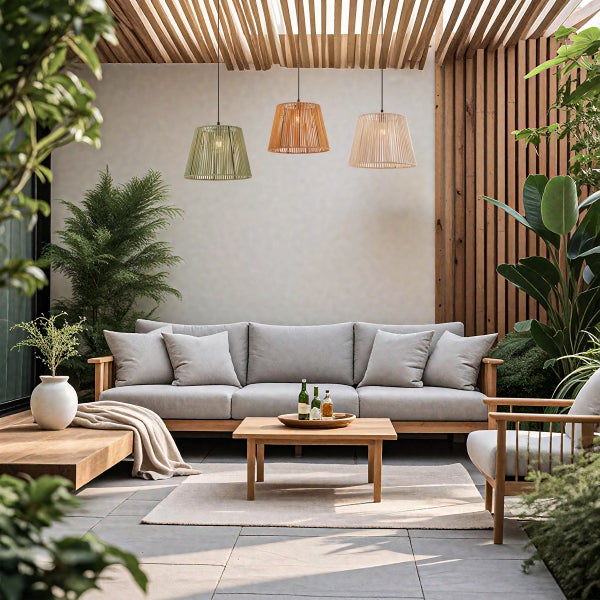 Moderner Terrassenbereich mit Holzmöbeln, Sofa und Sessel mit grauen Polstern, Holztisch, drei Hängeleuchten unter einer Pergola, hell und organisiert.