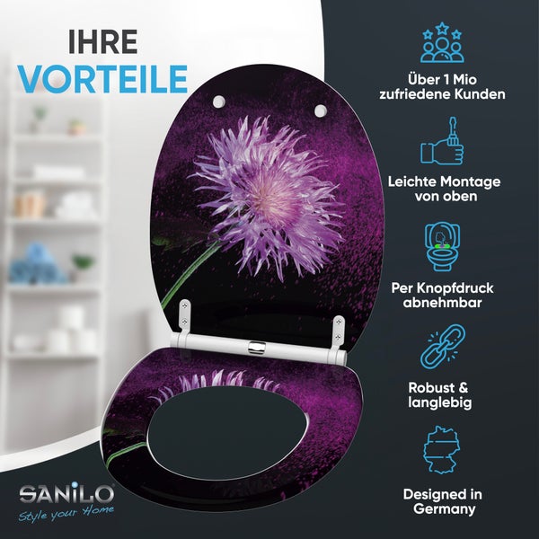 Sanilo WC Sitz mit Blumen Motiv zeigt Produktvorteile wie einfache Montage abnehmbar robust und langlebig sowie Sanilo Logo